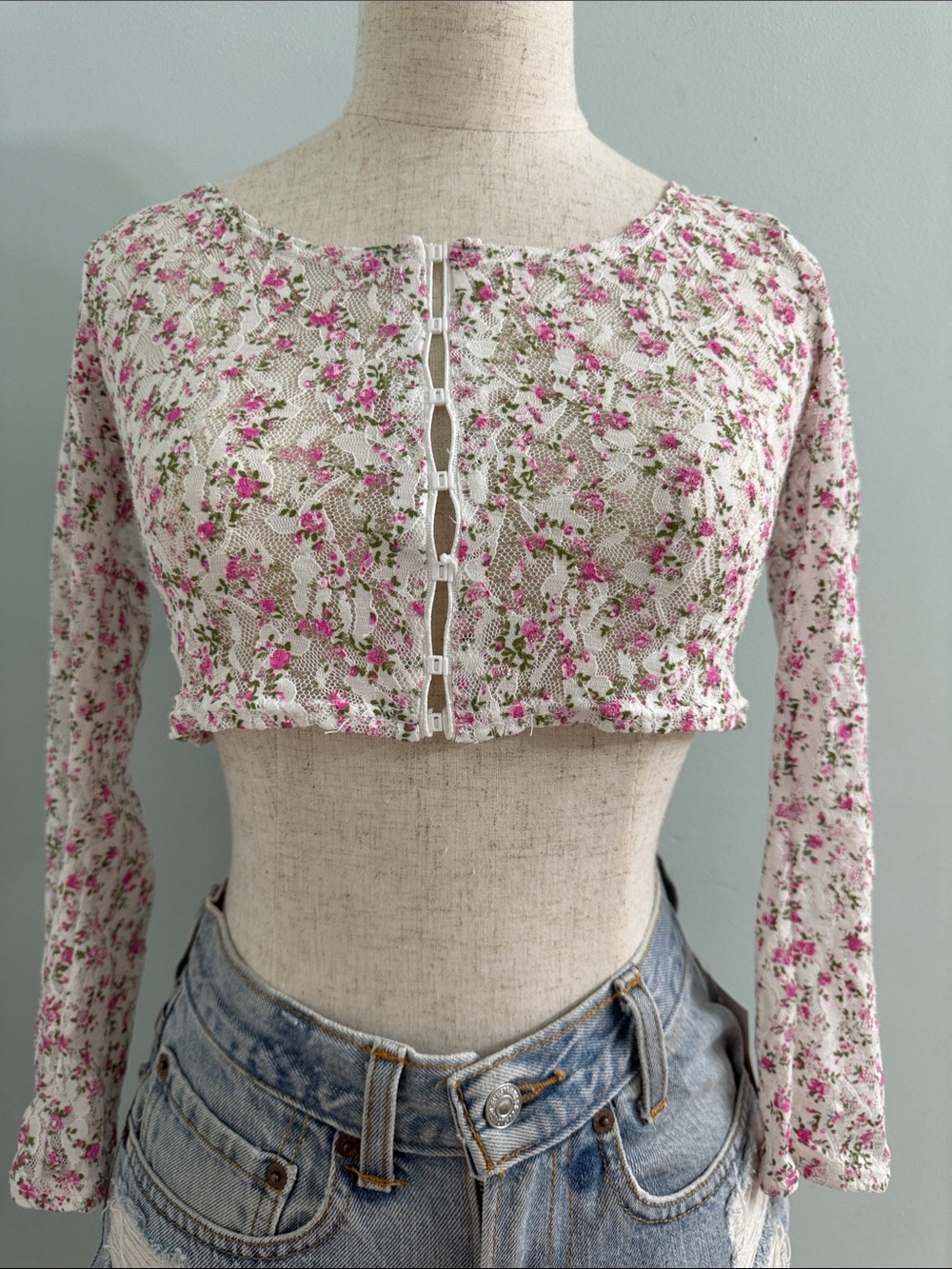 Y2K Lace Crop Top Pink Green Floral Print XS S